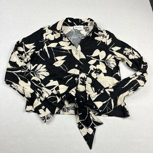 Panama Jack Linen Blend Button Shirt Floral Cropped Long Sleeve Top XS NEW
